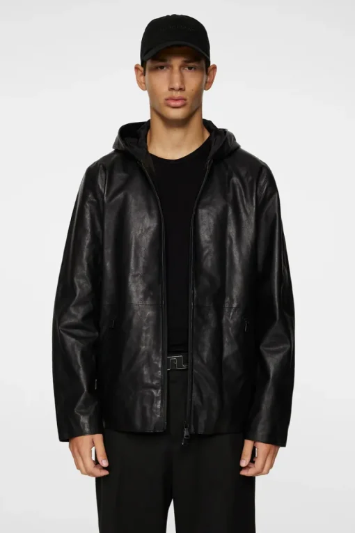 Jackets|Outerwear<J.Lindeberg Hadley Leather Hoody Jacket Black