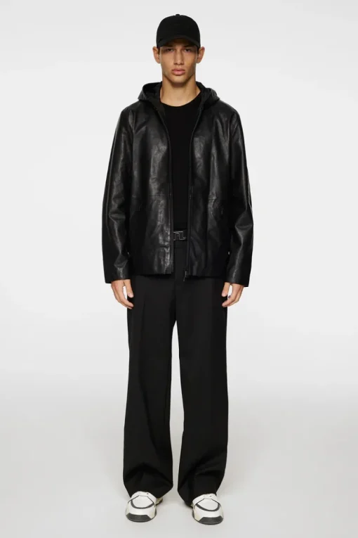 Jackets|Outerwear<J.Lindeberg Hadley Leather Hoody Jacket Black