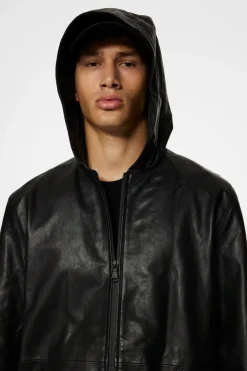 Jackets|Outerwear<J.Lindeberg Hadley Leather Hoody Jacket Black